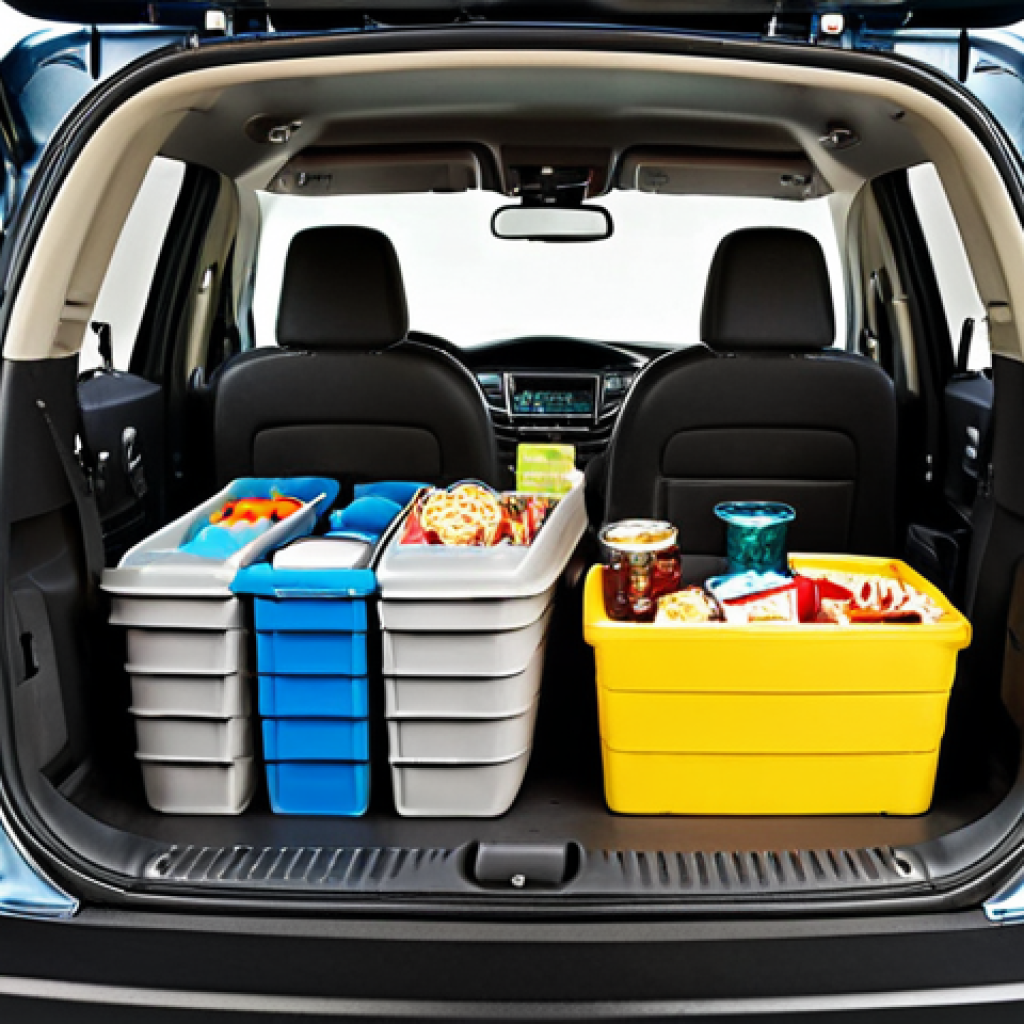 **Image Prompt 1: Organized Cargo Space**
   - Create an image of a well-organized cargo space in a Honda Pilot. The scene should show larger items like suitcases placed at the bottom and smaller items like snacks and stationery neatly arranged on top. Include storage accessories like stackable bins and dividers to illustrate effective organization.