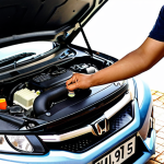 **

Prompt: A well-maintained Honda Civic in Malaysia, showcasing regular car maintenance. Open hood with visible engine components, clean engine bay, mechanic checking fluid levels. Focus on the car's reliability and affordability of maintenance.

**