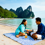 A modern Malaysian family enjoying a picnic by the beach in Langkawi, fully clothed in modest clothing, with the iconic limestone cliffs in the background, appropriate attire, safe for work, perfect anatomy, natural proportions, family-friendly scene, professional photography, high quality.