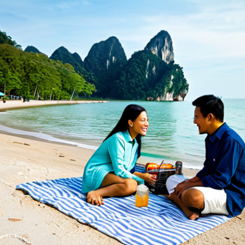 A modern Malaysian family enjoying a picnic by the beach in Langkawi, fully clothed in modest clothing, with the iconic limestone cliffs in the background, appropriate attire, safe for work, perfect anatomy, natural proportions, family-friendly scene, professional photography, high quality.
