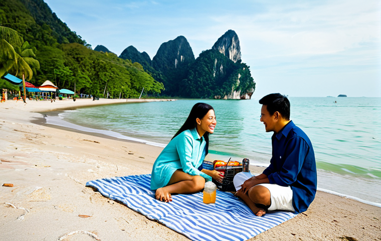 A modern Malaysian family enjoying a picnic by the beach in Langkawi, fully clothed in modest clothing, with the iconic limestone cliffs in the background, appropriate attire, safe for work, perfect anatomy, natural proportions, family-friendly scene, professional photography, high quality.